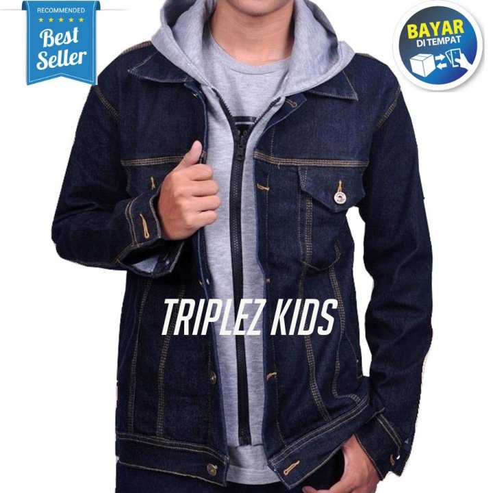Zens Jaket Ariel Denim Hoodie Best Seller - Black Grey