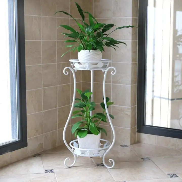 2 Tier Metal Balcony Fower Pot Shelf Garden Bunga Berdiri Holder Tanaman Bunga Pergolas Logam Besi Rak Bunga Putih Intl