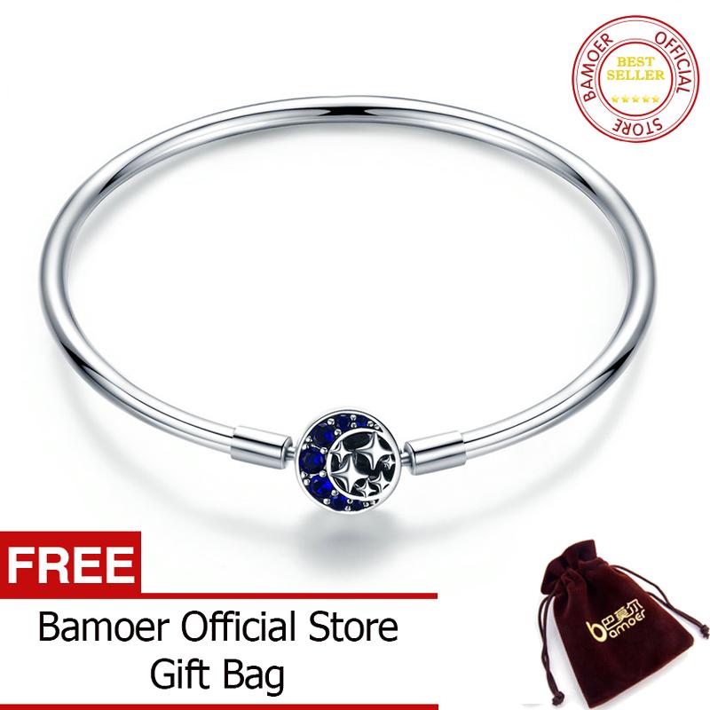 BAMOER Free Shpping Genuine 100% 925 Sterling Silver Blue CZ Moon and Star July Bracelet & Bangles for Women Sterling Silver Jewelry S925 SCB080