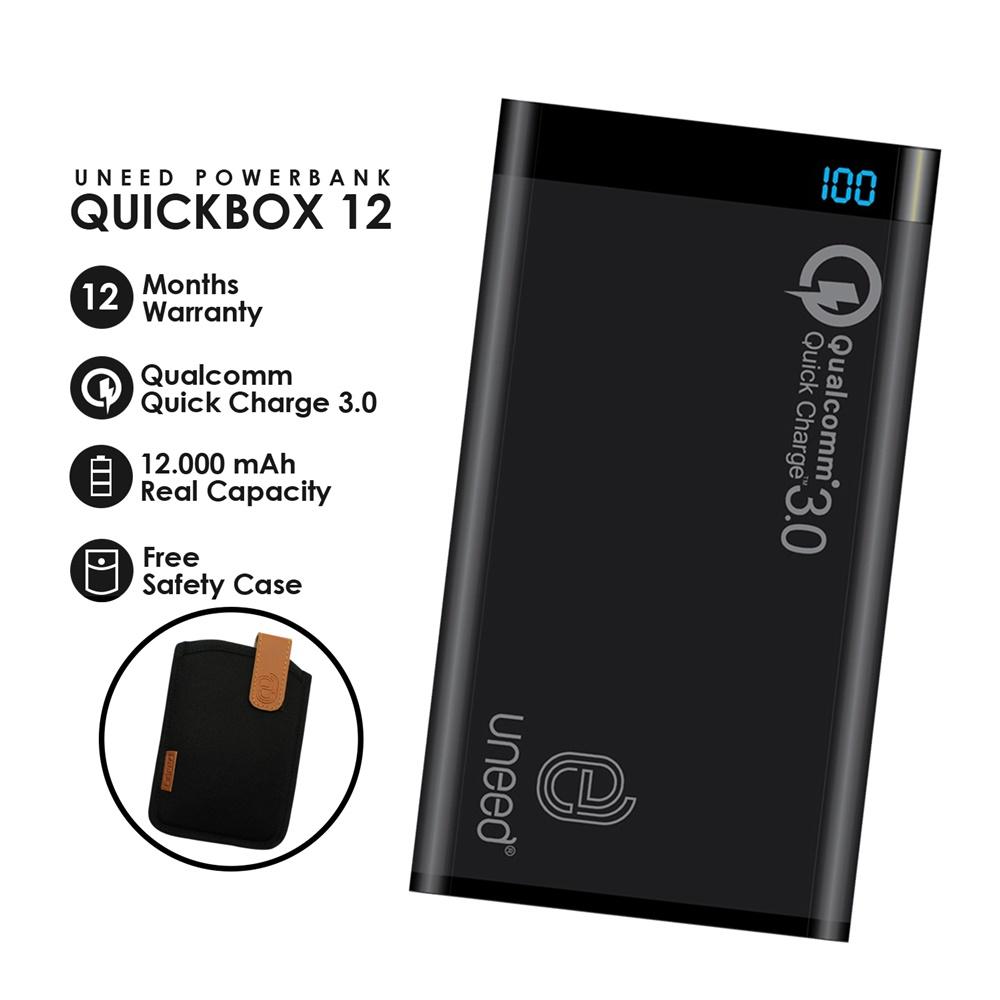 UNEED PowerBank 12000mah Qualcomm Quick Charge 3.0 QuickBox Dual USB Port Real Capacity - Original - Hitam