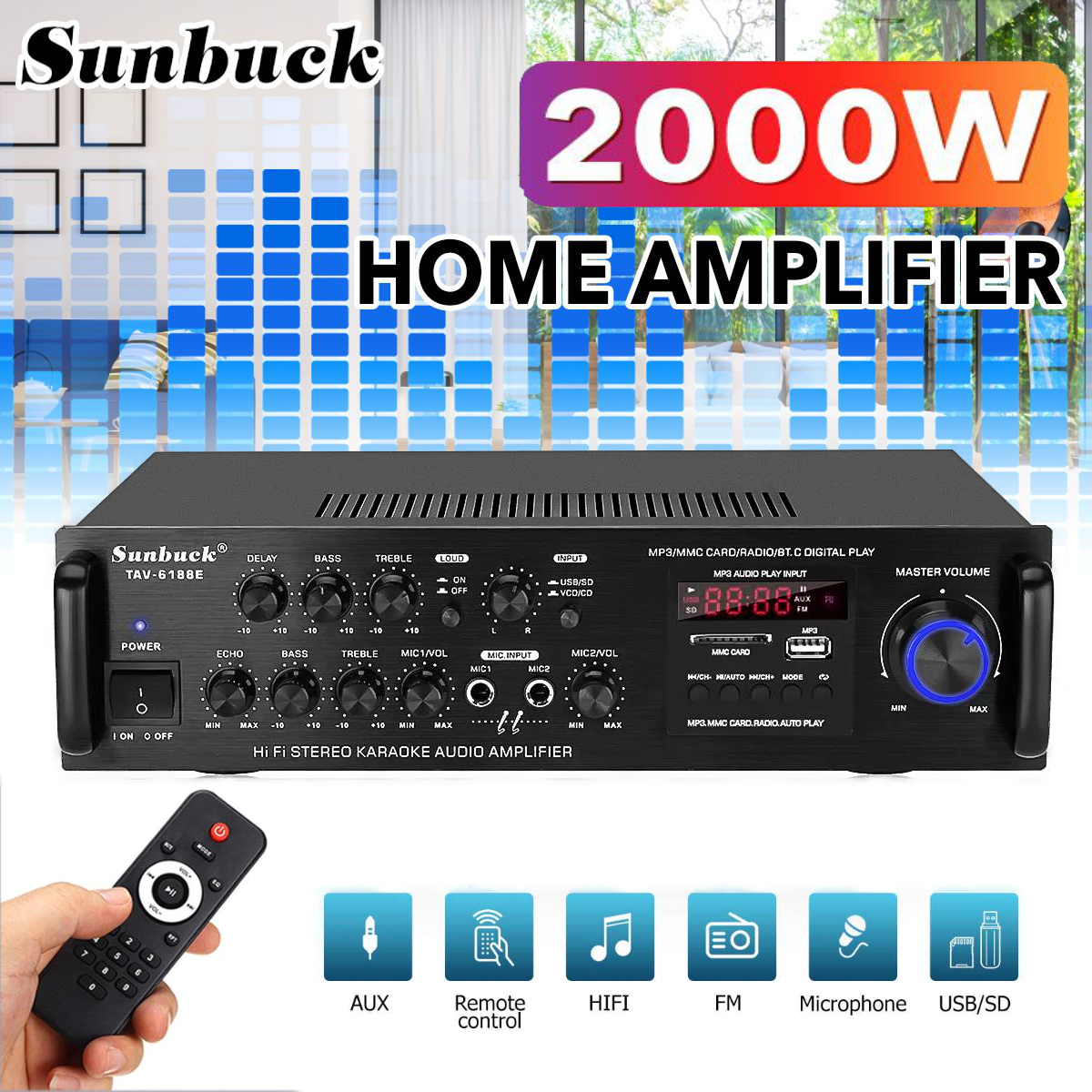 Power Amplifier Sunbuck Bluetooth EQ Audio Amplifier Home Theater FM ...