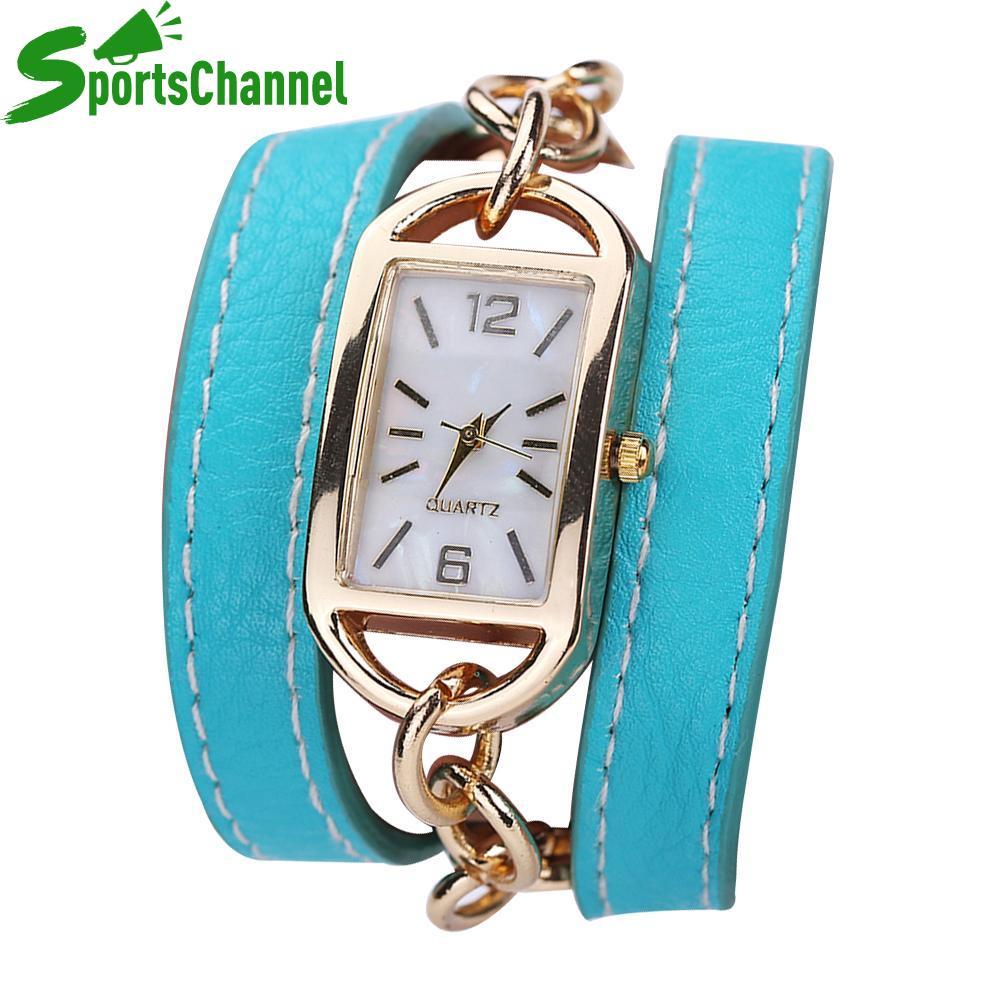 Jam Gelang Wanita Kulit PU Square Gaun Fashion Jam Tangan Skyblue