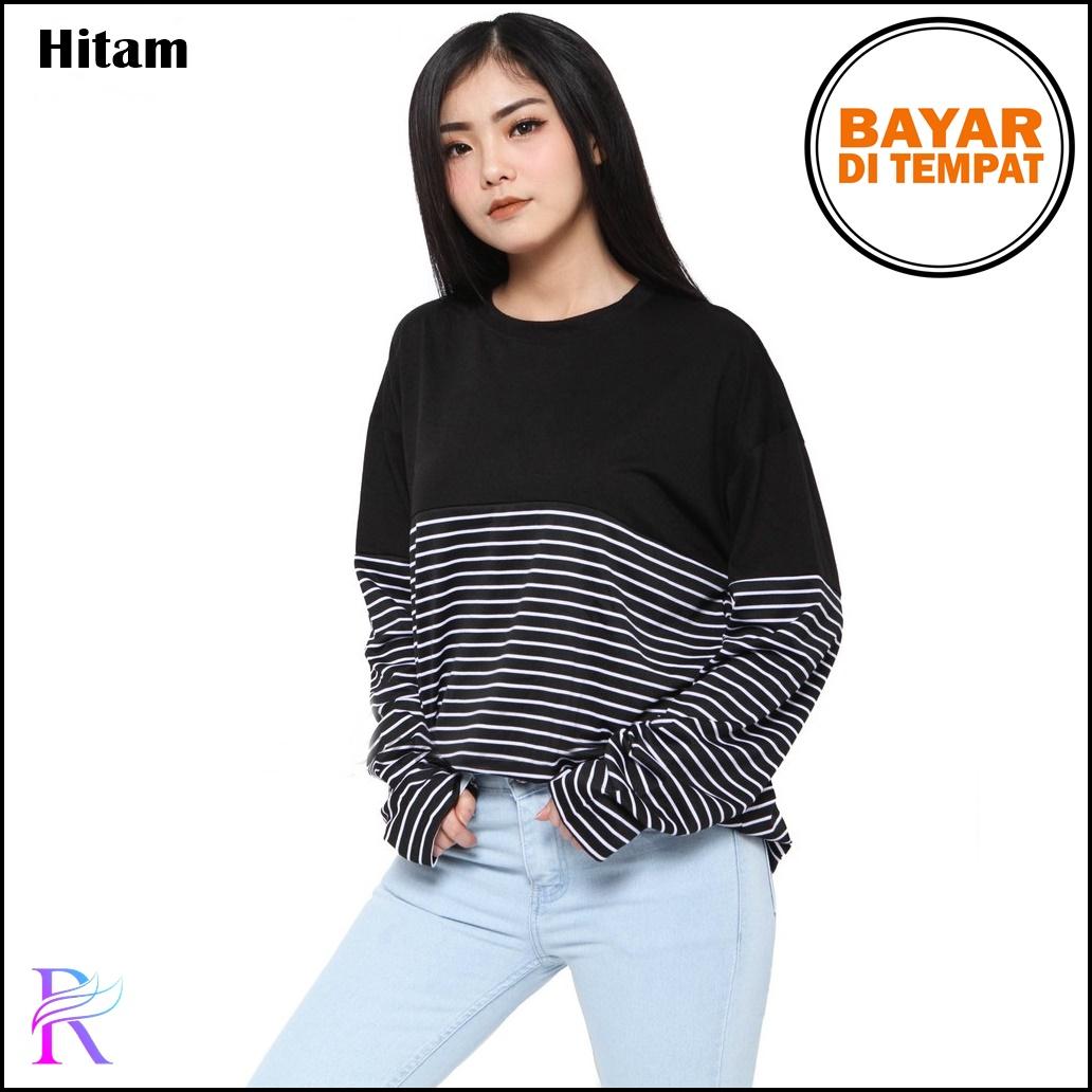 COD Rimas Fashion Baju Blouse Kaos Atasan Selly Top Murah Wanita Kekinian Lengan Panjang Motif Kombinasi Stripe Bahan Spandex Modern Cewek Masa Kini Design Trendy Hits Fashionable Wanita Kekinian