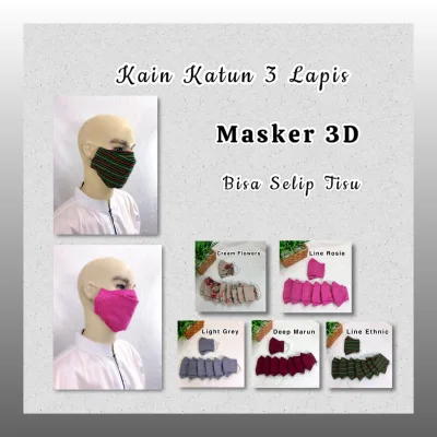 Masker 3D Earloop Kain Katun 3 Lapis Bisa Selip Tisu Aksesoris Kesehatan
