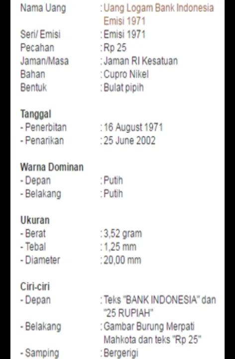 Koin 25 Rupiah Tahun 1971 Burung Dara Merpati Mahkota Uang Kuno Rp