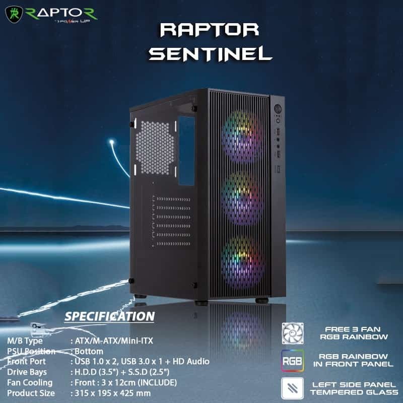 Casing Pc Power Up Raptor Sentinel Mid Tower Atx With Fan Case Rgb