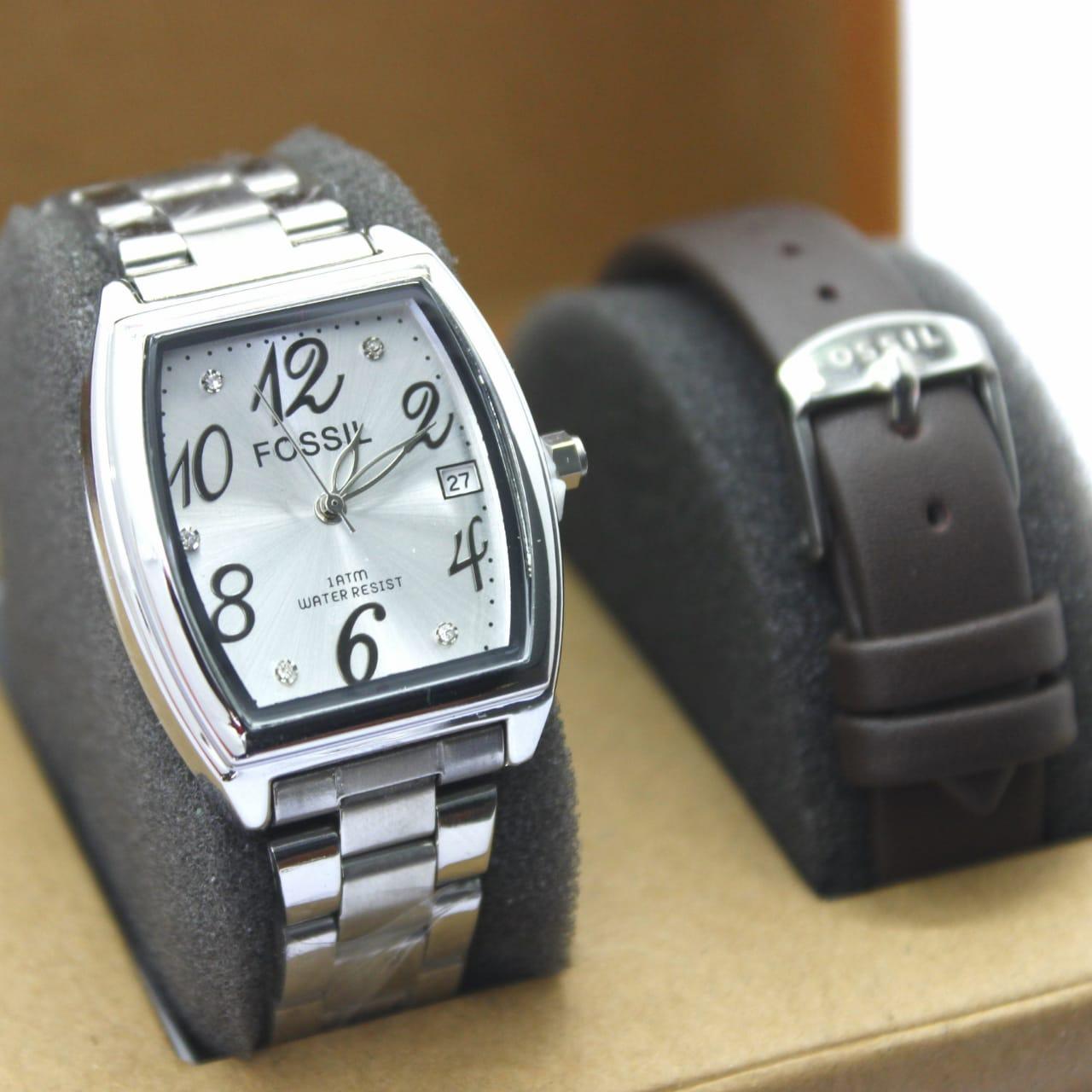 jam tangan fossil wanita tali rantai tanggal aktif FREE box dan tali kulit (COD)