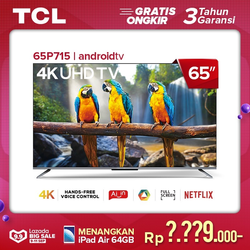 TCL 65 inch Smart LED TV - Android 9.0 - 4K Ultra HD - Google Voice/Netflix/YouTube - WiFi/HDMI/USB/Bluetooth Dolby Sound (Model : 65P715)