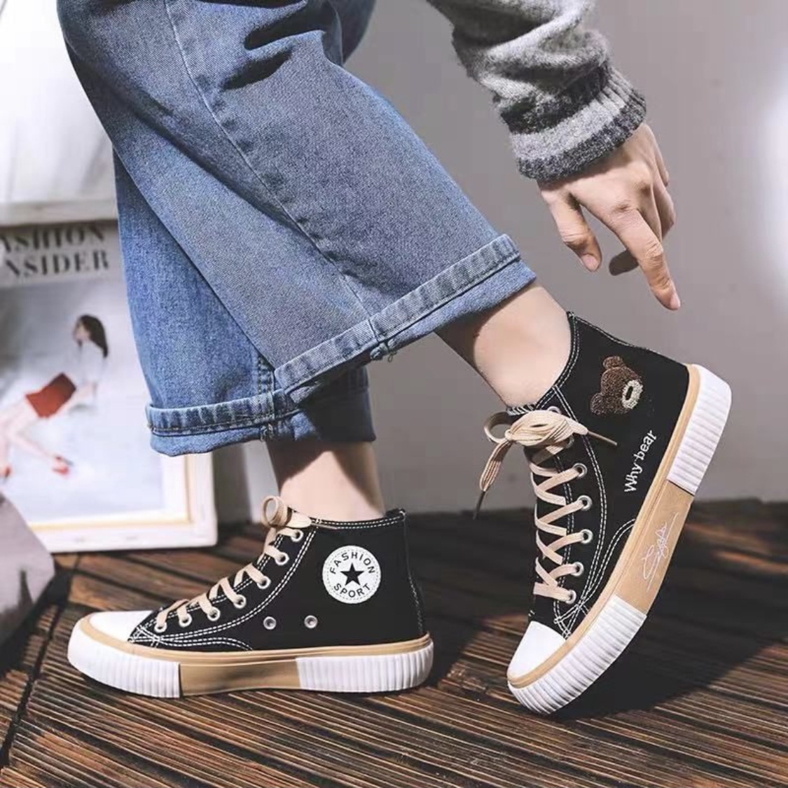 Sepatu Sneakers Casual Wanita Outxide Korean Style Fashion Why Bear Black High Import Termurah