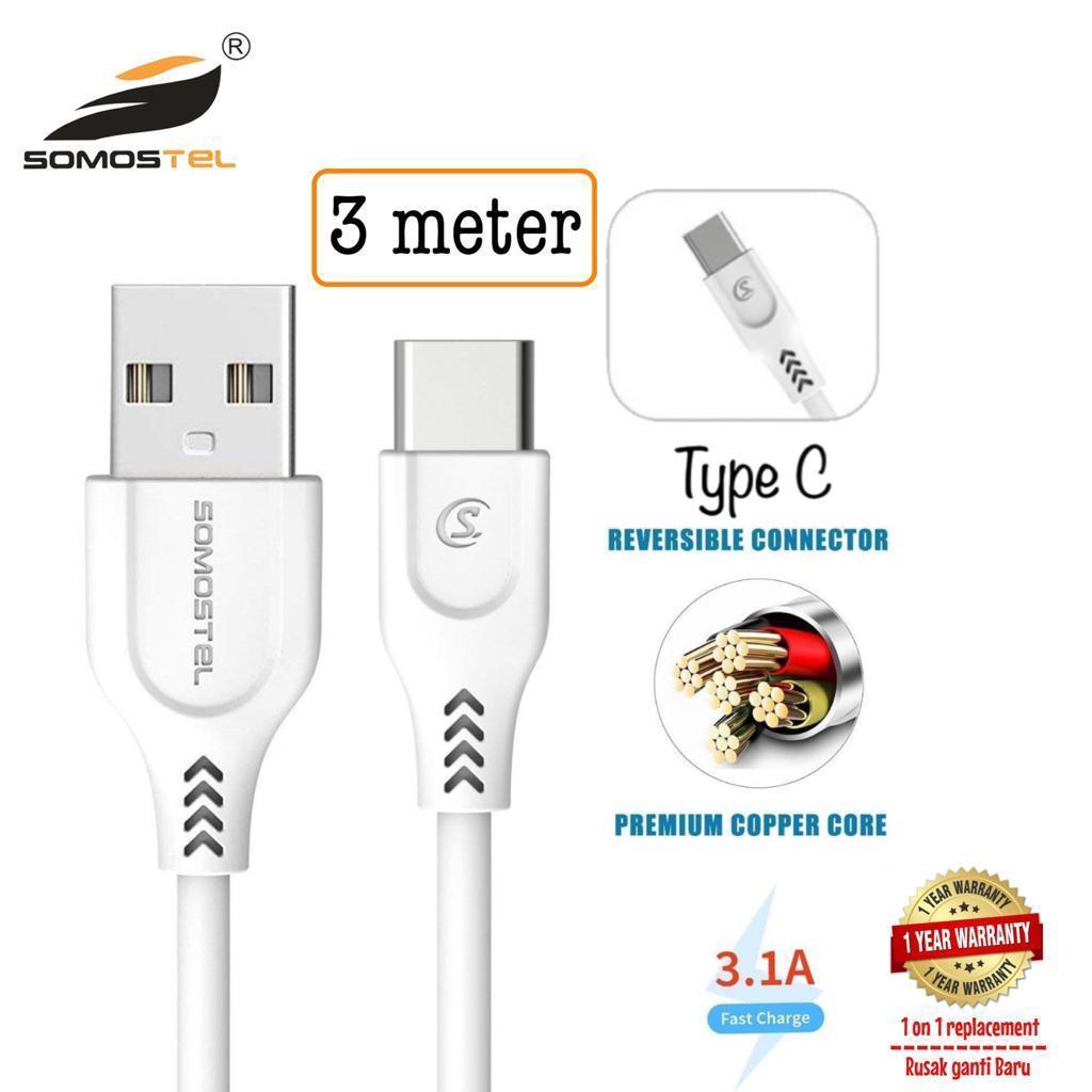 Somostel kabel usb 3 meter fast charging tipe C, garansi resmi 1 tahun, rusak ganti baru + ongkir klaim garansi gratis