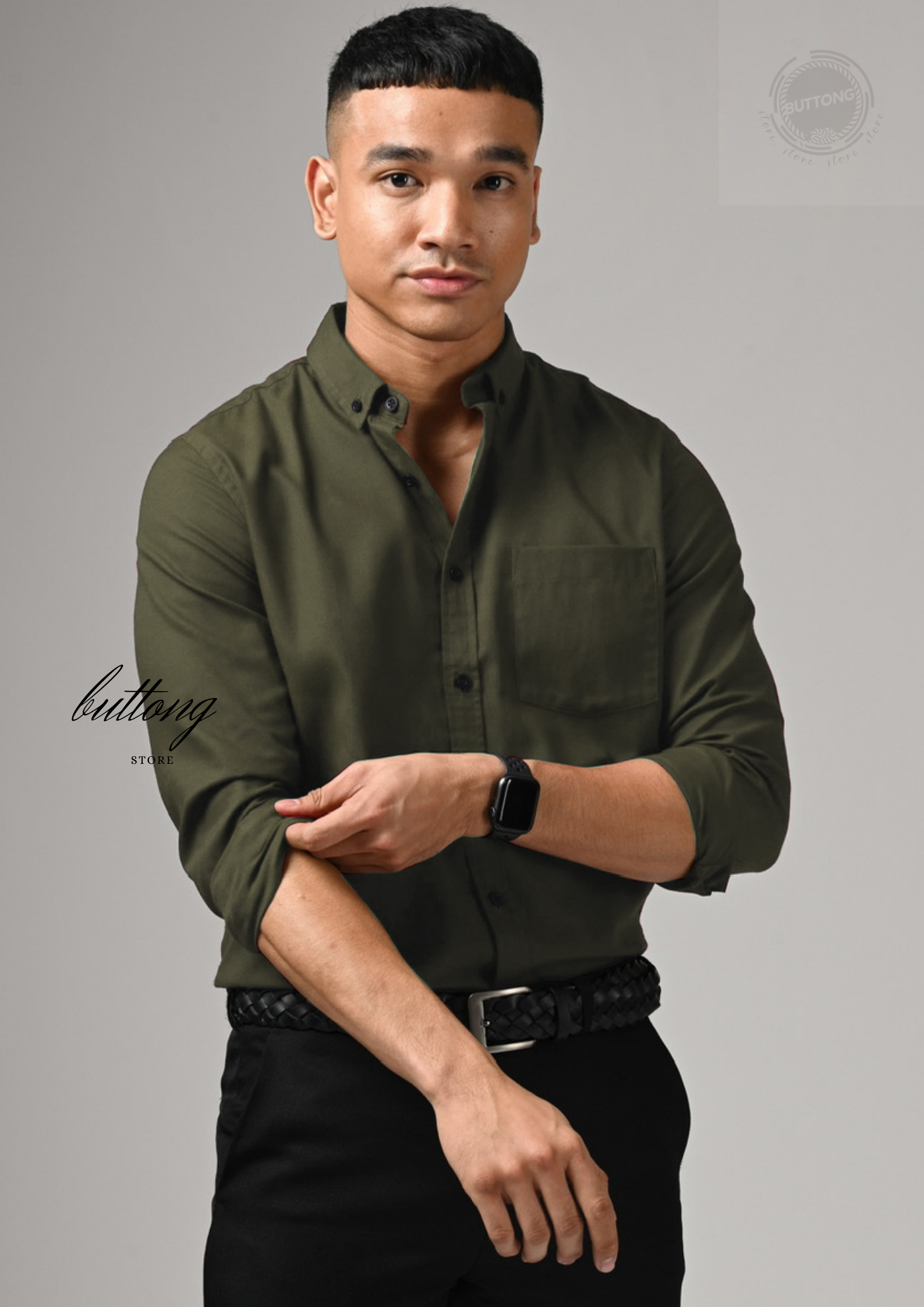 Kemeja Casual Pria Warna Hijau Army 