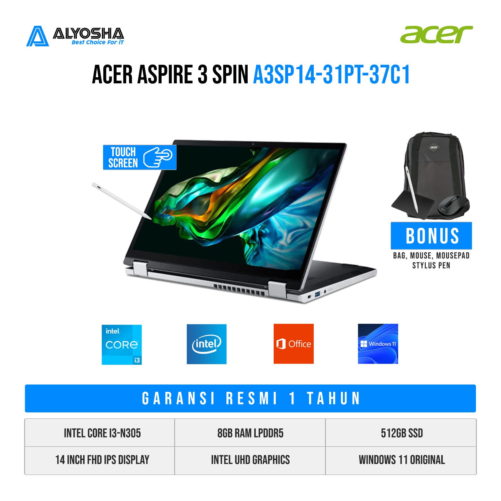 ACER ASPIRE 3 SPIN 14 A3SP14 31PT 37C1 14 INTEL I3 N305 RAM 8GB 512G