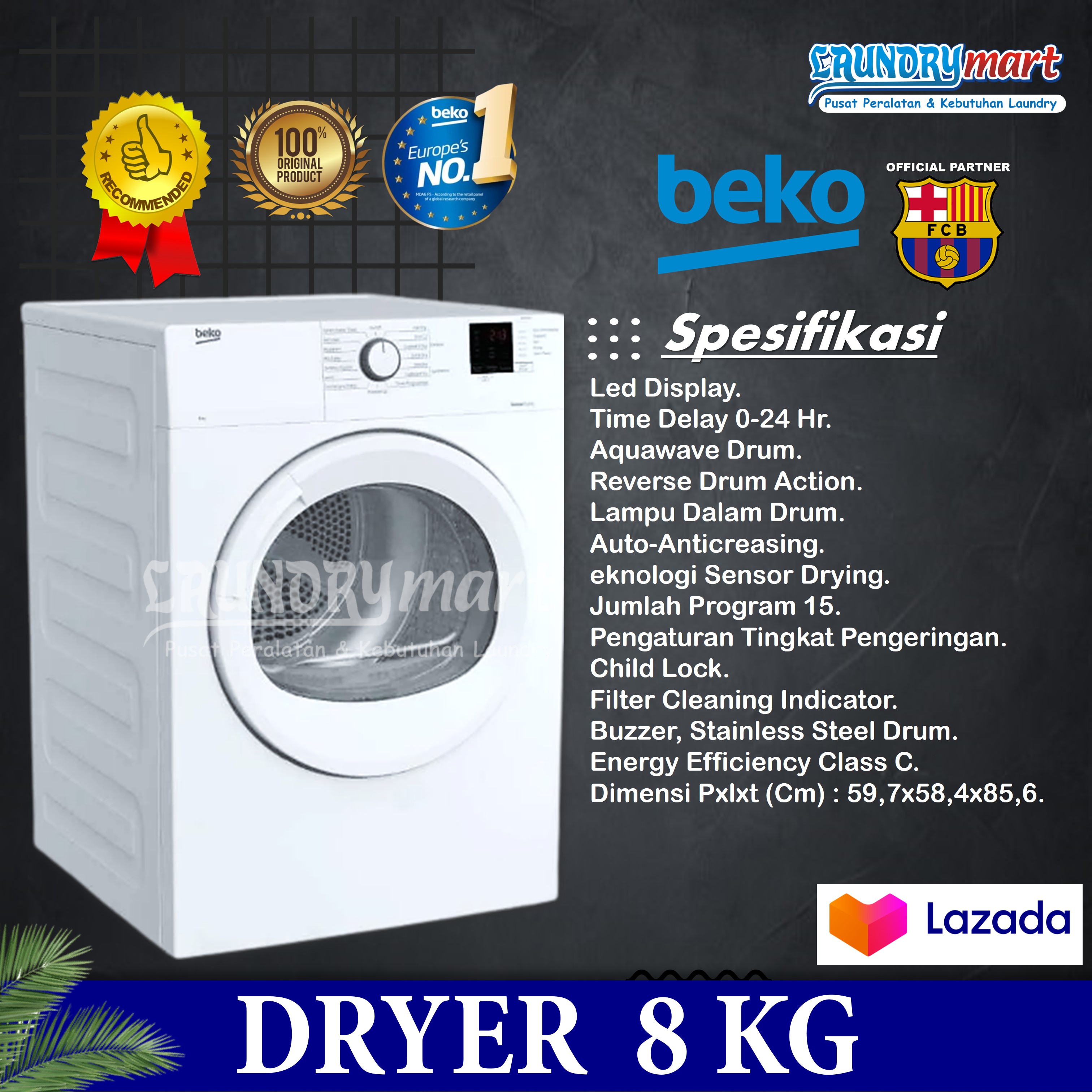 BEKO DRYER MESIN PENGERING LAUNDRY GAS KONVERSI LUAR KAPASITAS 8KG ...