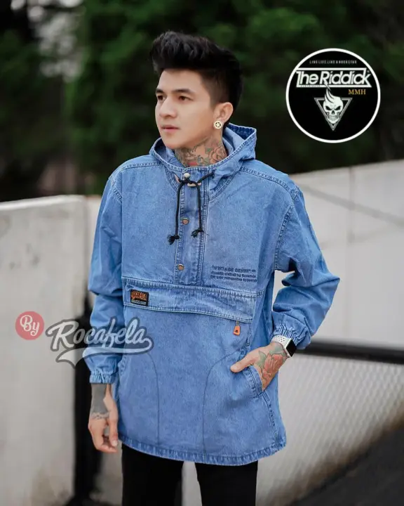 Cagoule Denim Jaket Jeans Rocafela Hoodie Tudung Keren Pria Wanita Jaket Jeans Jaket Denim Jaket Jeans