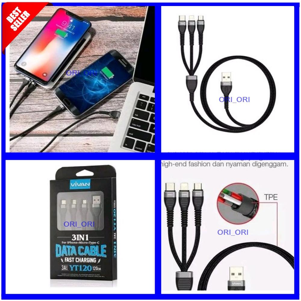 Vivan YT120 Kabel Data 3in1 Fast Charging For Micro USB - Iphone - USB Type C Original ori_ori