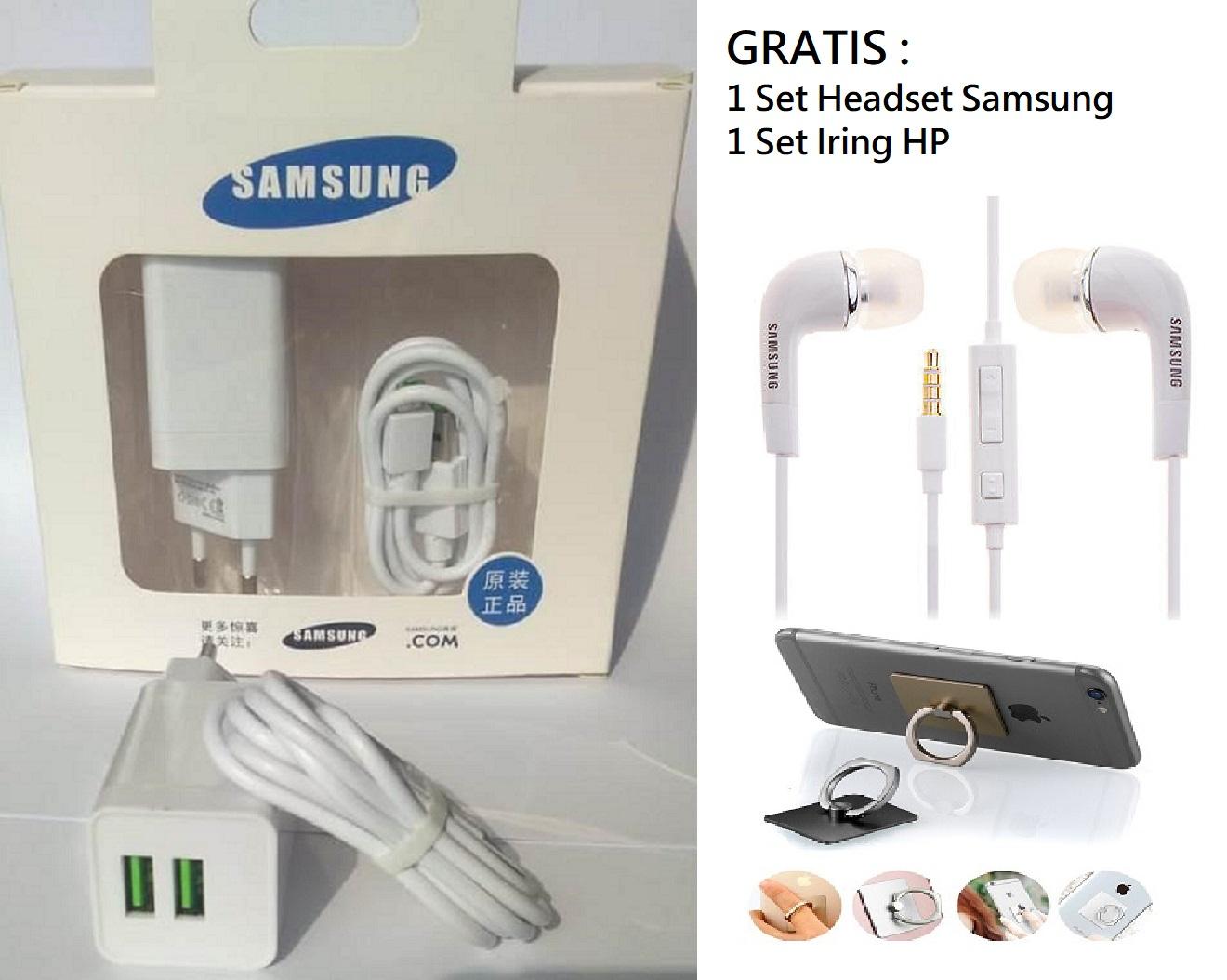 NEW CHARGER 2 LUBANG Gratis Headset + Iring HP Handphone / NEW CHARGER 2 USB / CHAGER BARU / CASAN / CARGER / CHASAN / CAS SAMSUNG J1 ACE / J2 / J3 / J5 / GALAXY S1 S2 S3 S4 S5 S6 S7 / GRAND PRIME / COLOKAN KAKI BULAT_MGM27