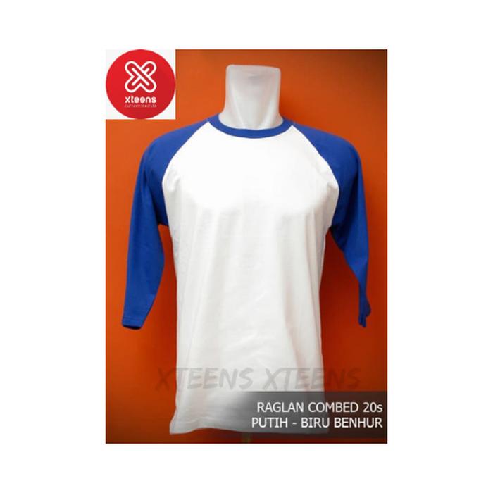 Kaos Polos Raglan Cotton Combed 20's Putih-Biru Benhur ML