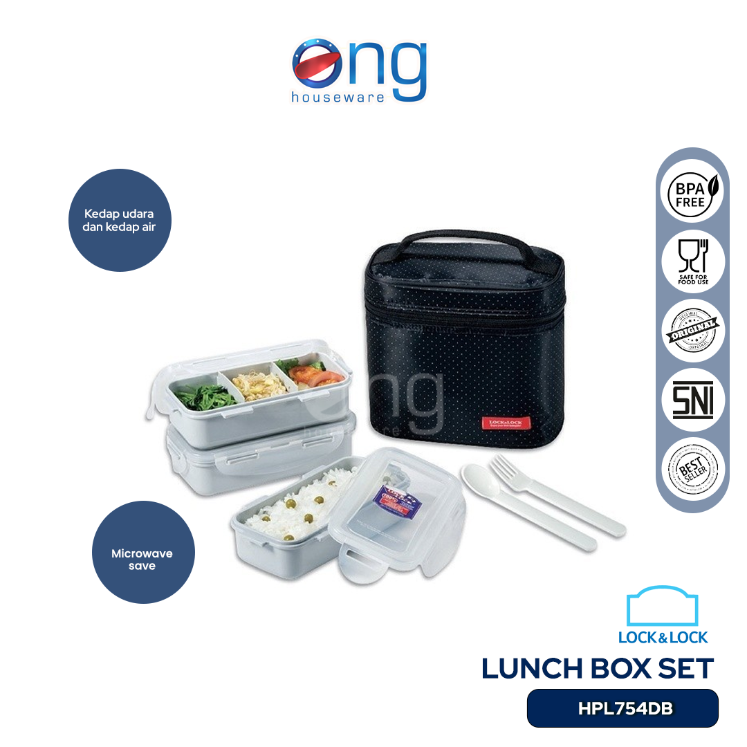 LocknLock Kotak Makan Lunch Box Set 3 with Red Bag Spoon Fork Lock