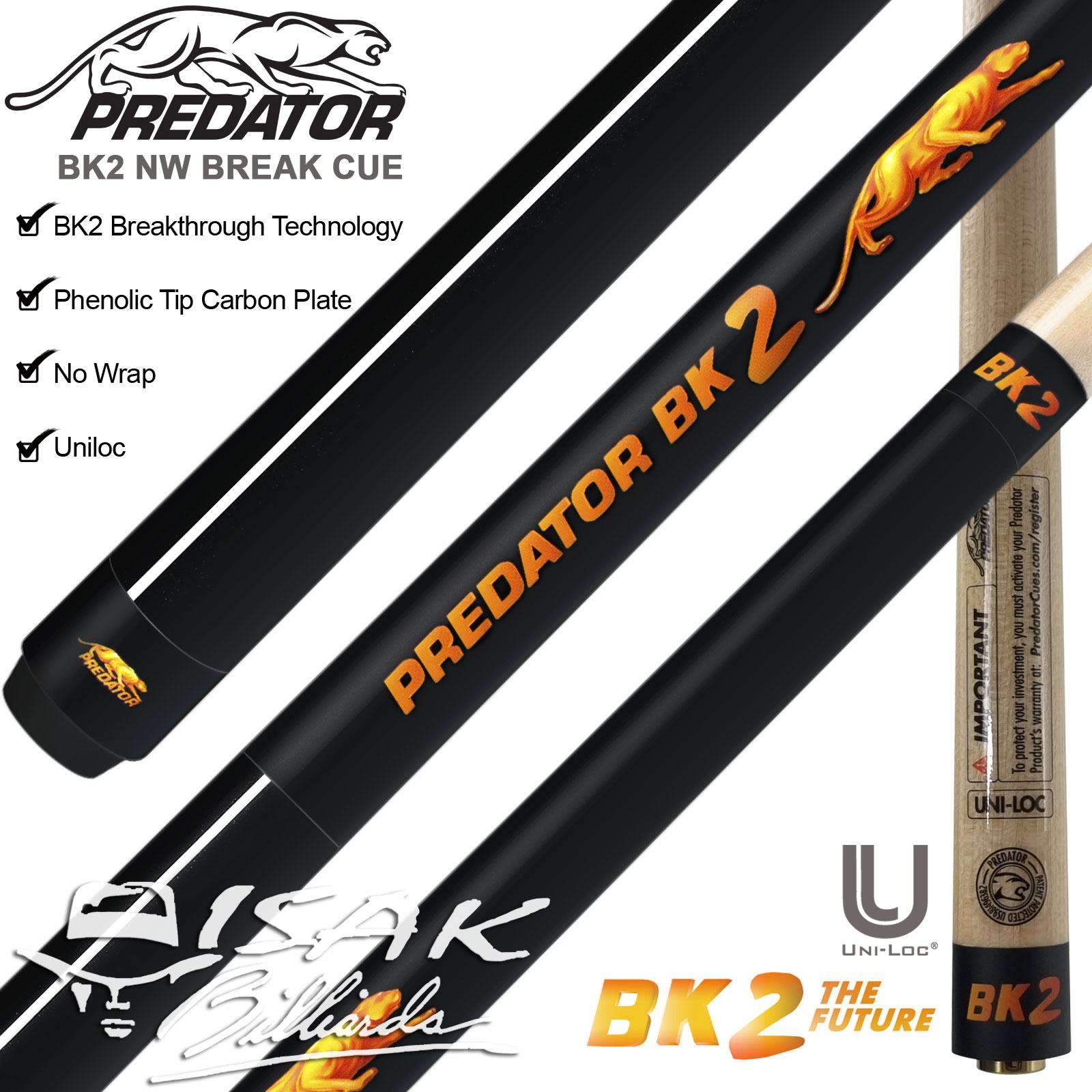 Predator BK2 SW Break Cue - Sport Wrap - Stick Brek Rubber Grip