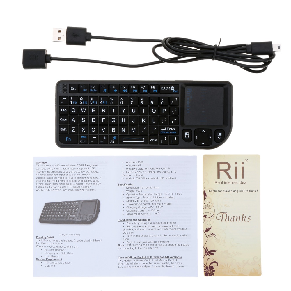 Handheld 2.4G Wireless Keyboard Touchpad Mouse for PC Notebook Smart TV Black Rii®miniX1