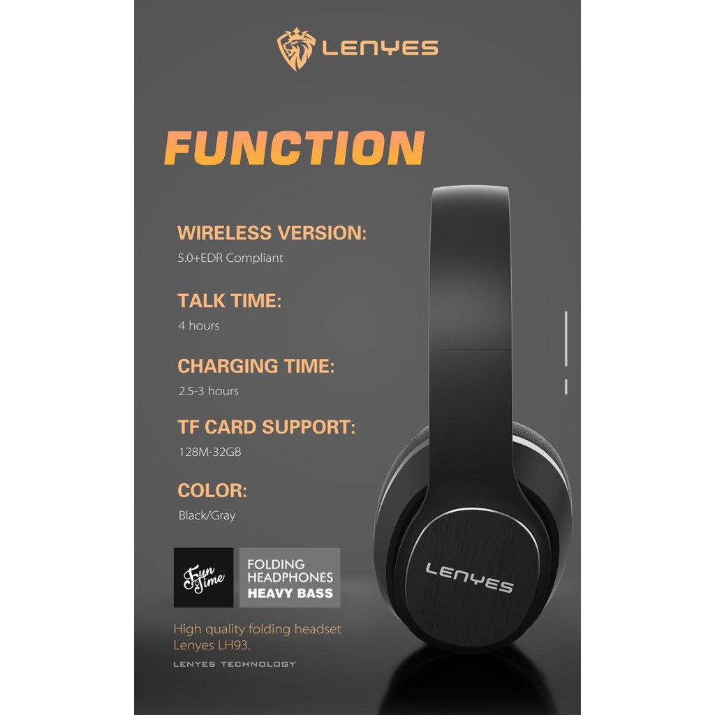 Headphone Bluetooth LENYES LH93 Pro HIFI BASS wireless stereo