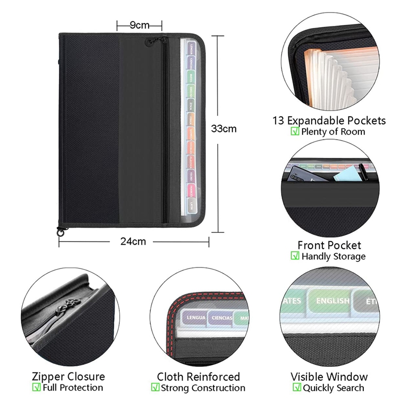 13 Pockets Expanding File Folder A4 Plastic Document Wallet Organizer for Personal Office Stationary Storage(Black)