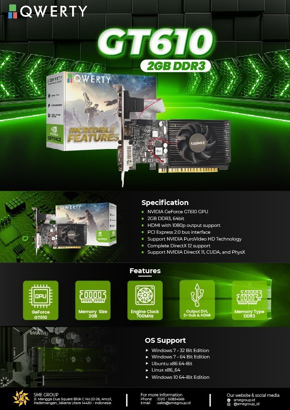 VGA GEFORCE QWERTY GT 610 2GB DDR3 GT610 64BIT NVIDIA Garansi