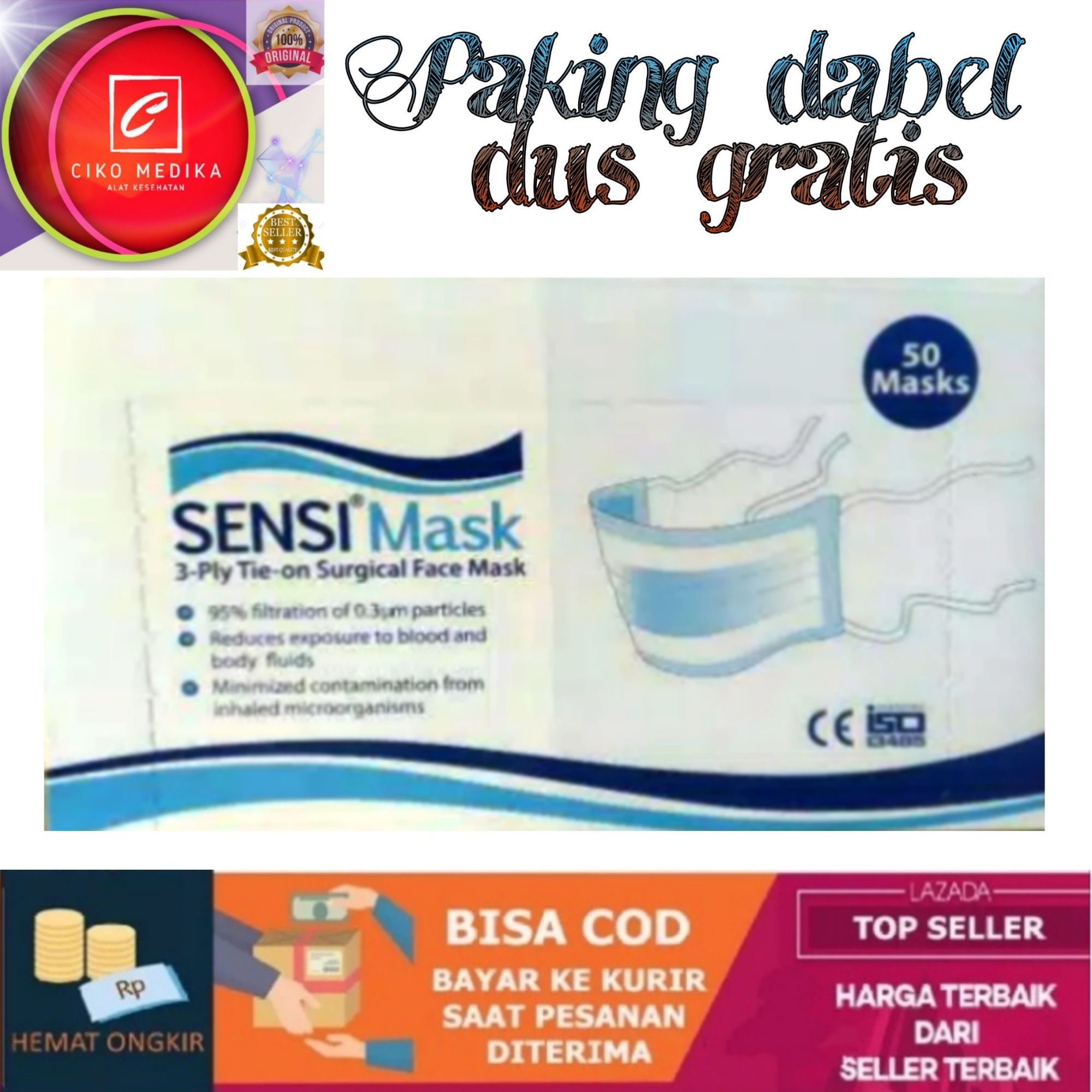 SENSI MASKER HIJAB MODEL TALI IKAT SENSI MASK TIE ON 3PLY WARNA HIJAU