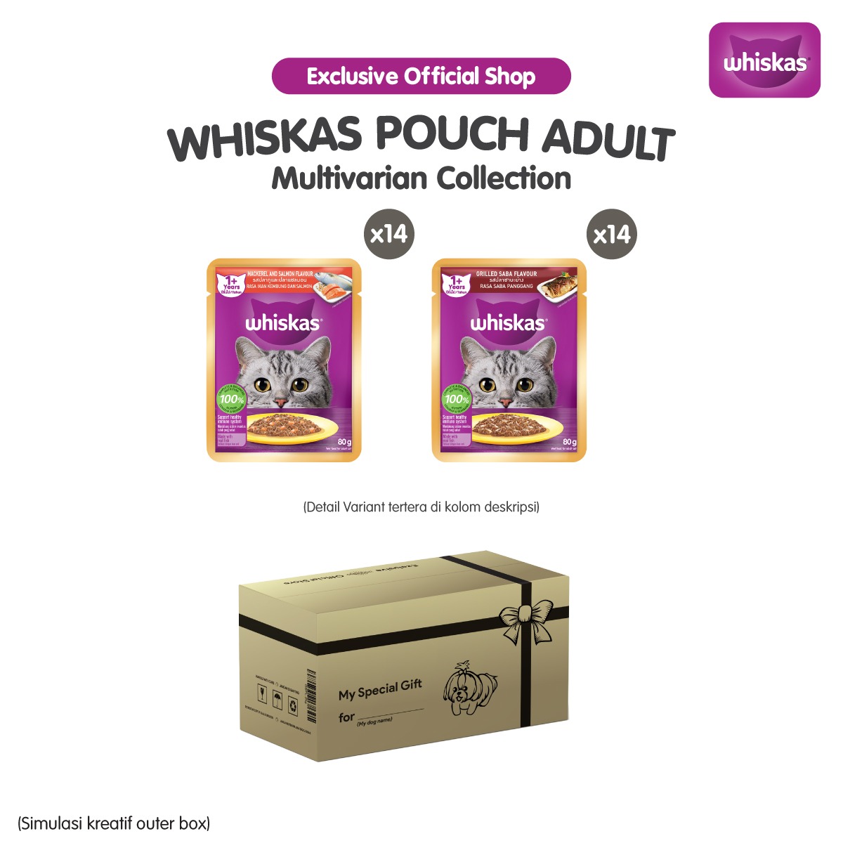 Whiskas Makanan Kucing Basah Pouch rasa Mackerel Salmon dan Grilled