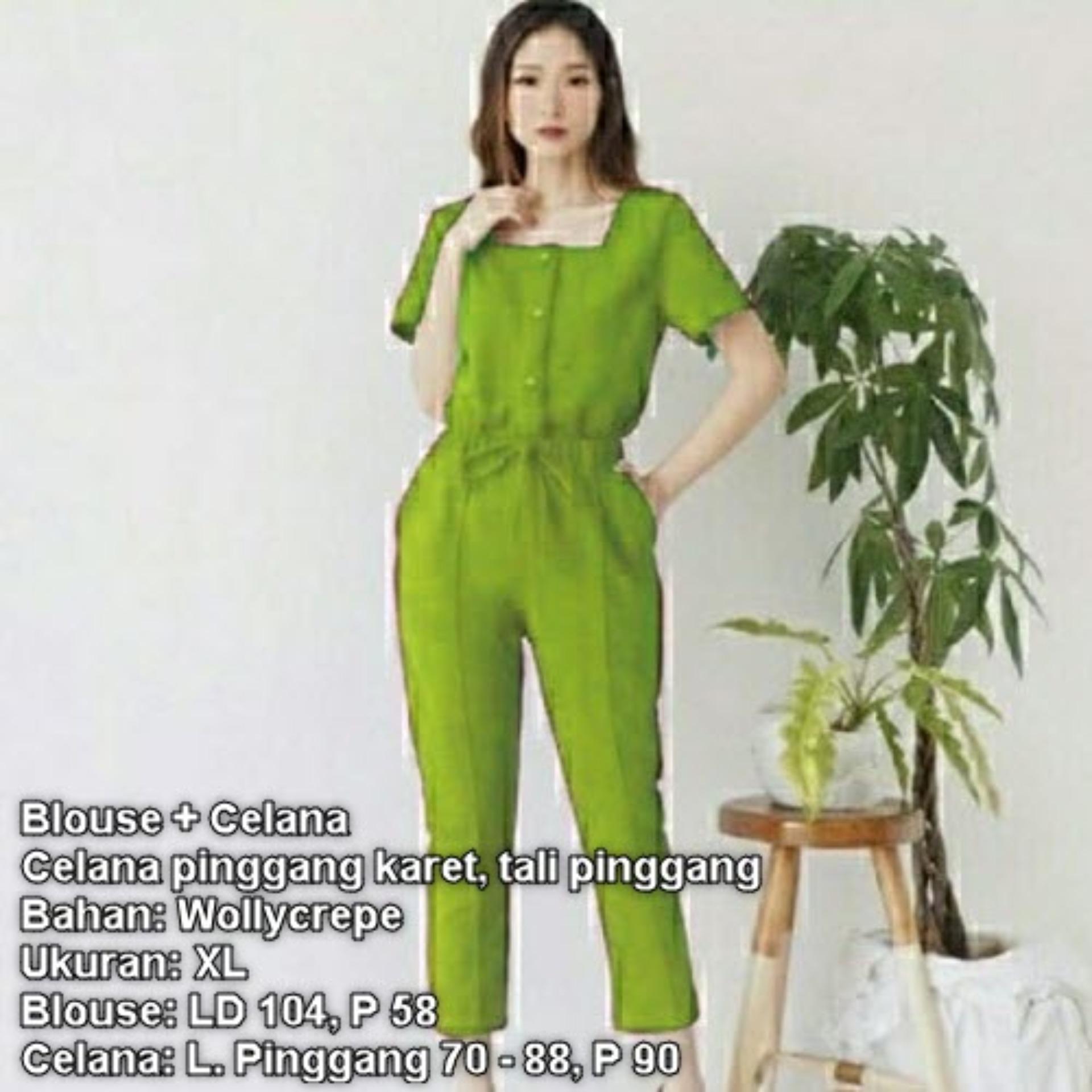 Setelan Wanita Celana Panjang Dan Atasan Msr502 Xl Set Blouse Lengan Tangan Pendek Bawahan Pinggang Karet Tali Formal Casual Stelan Pakaian Cewek Santai Kerja Baju Kemeja Blus Kasual Kantor