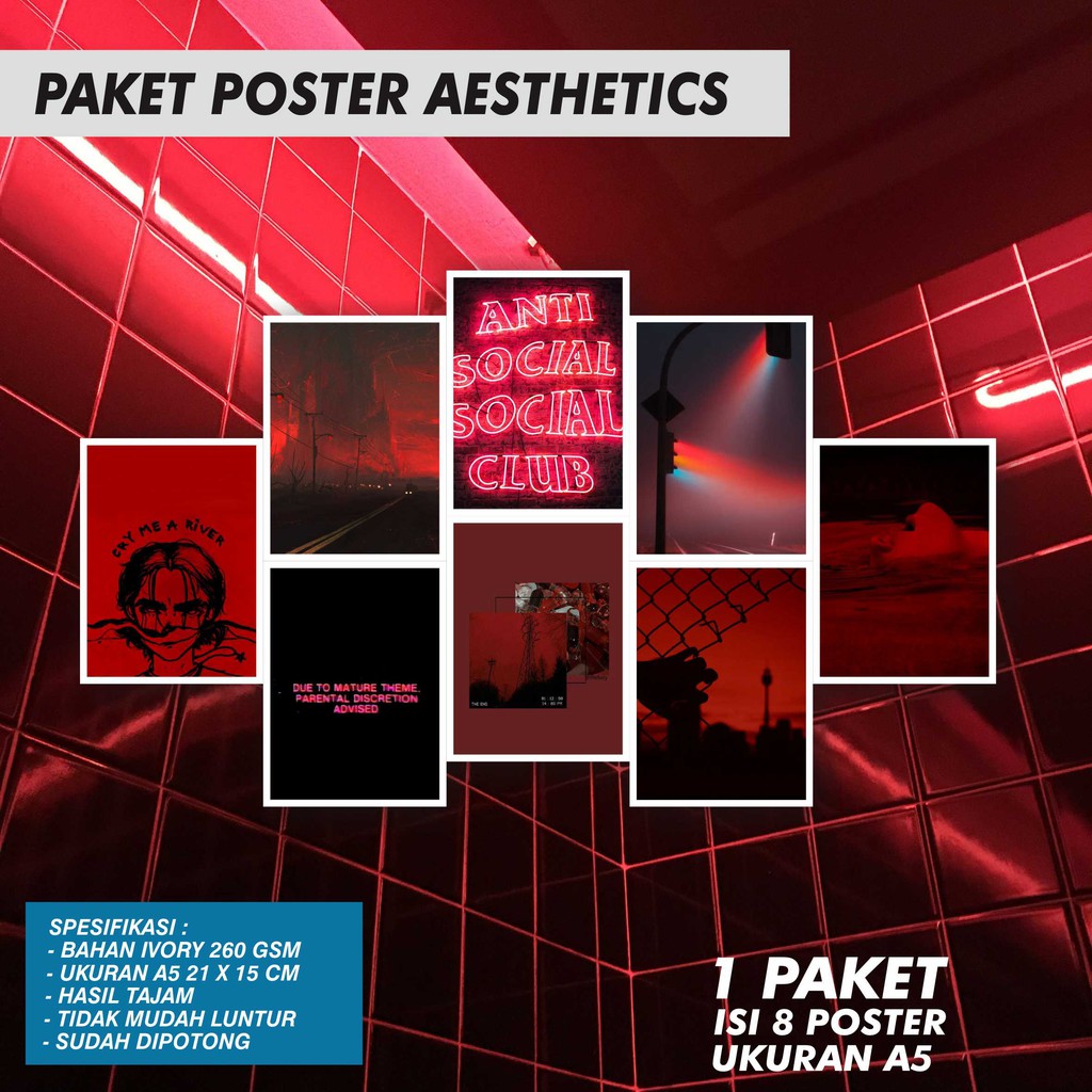 POSTER AESTHETICS DARK RED UK. A5 1 PAKET ISI 8 POSTER STIKER