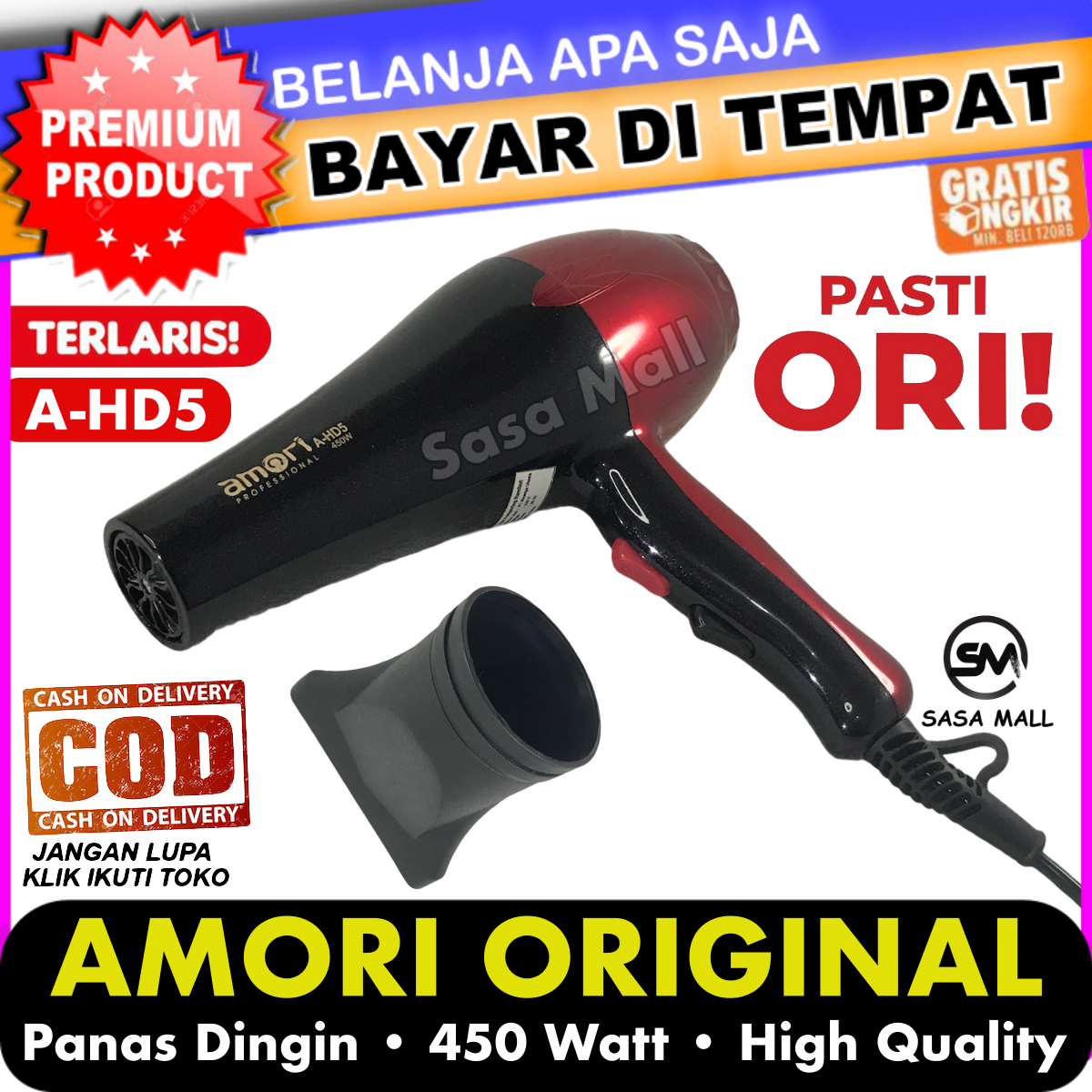 [COD] Amori HairDryer Professional A-HD5 Pengering Rambut Blow Hair Dryer Fast Dry 450 Watt Panas Dingin By Amara Derucci 2 Tombol Mode Kecepatan Alat Kecantikan Beauty Tools Laz COD Bisa Bayar di Tempat Sasa Mall