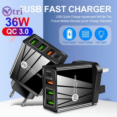 Ytri 3 USB QC3.0 & PD 20W Fast Charging Mobile Phone Charger US Standard European Standard British Standard Charger Electrical Sockets with PD Charging Head