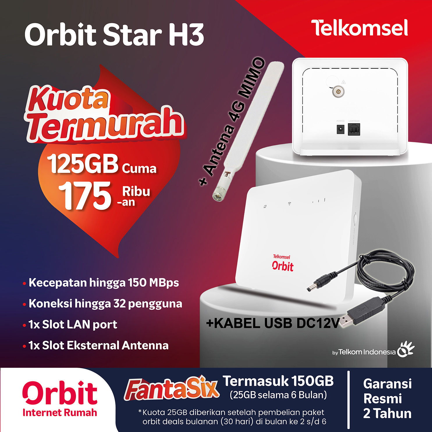 Telkomsel Orbit Star H3 HKM313 Router Modem WiFi 4G LTE Free 150