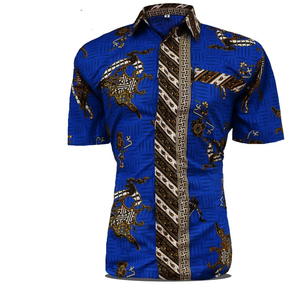Baju Hem Kemeja Batik Pria Lengan Pendek Motif Plat Biru