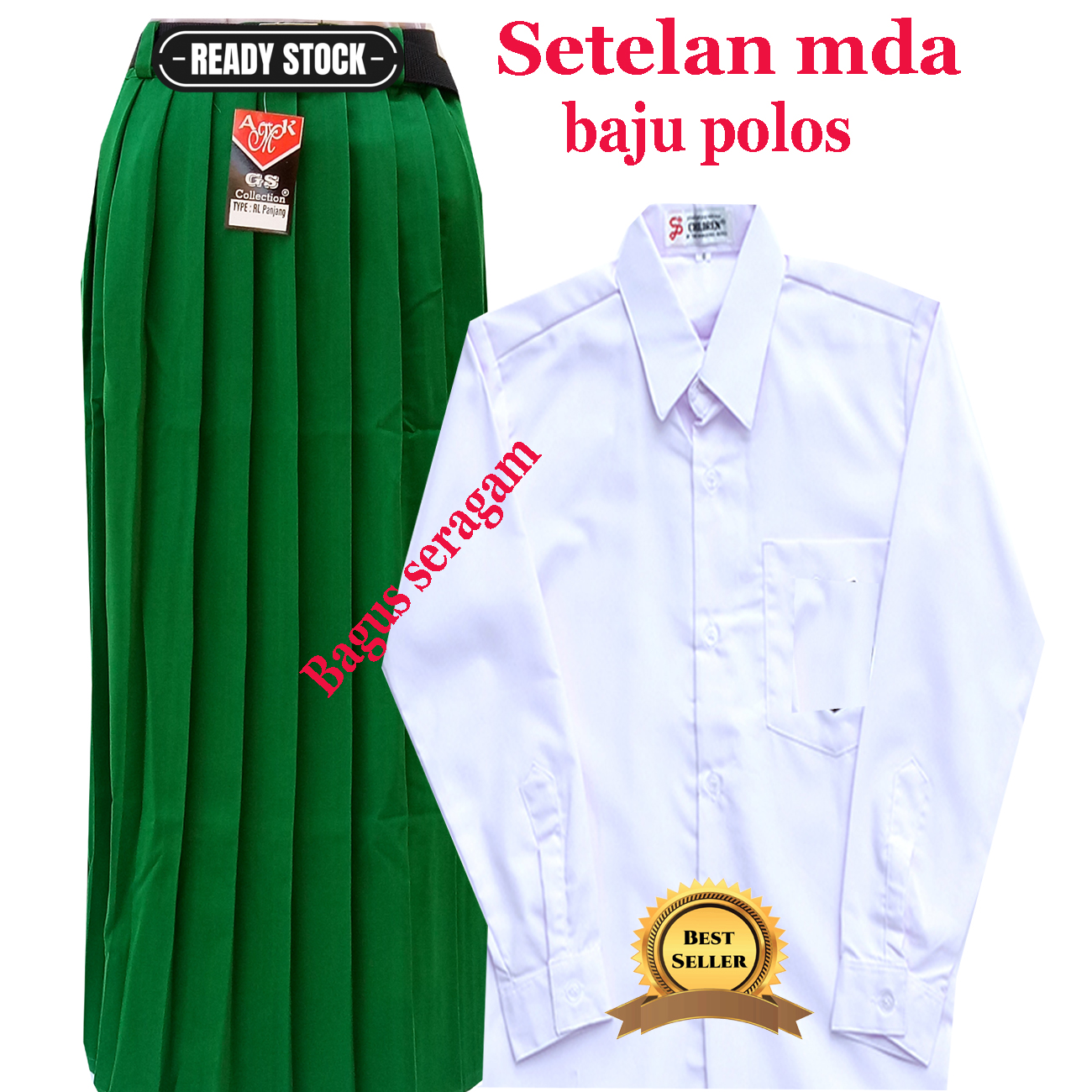 SETELAN SERAGAM SEKOLAH SD MI PEREMPUAN PUTIH HIJAU-SERAGAM MADRASAH MI