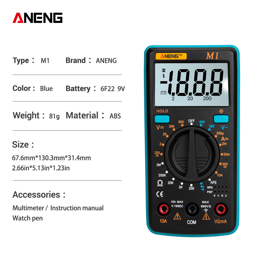 ANENG M1 Handheld Digital Multimeter LCD Backlight High Precision AC/DC Voltage Current Resistance Transistor Continuity Tester Overload Protection