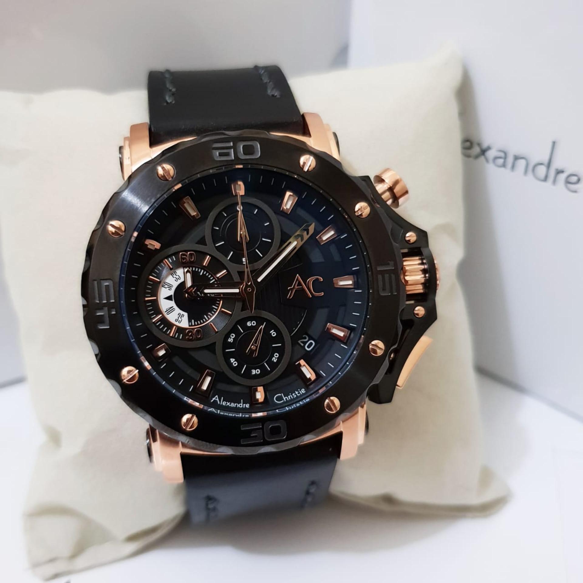 Alexandre Christie Collection AC9205 Original Jam Tangan Pria Tali Kulit Hitam Rosegold