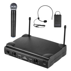 UHF Dual Saluran Mikrofon Nirkabel Mic Sistem dengan 1 Pemancar Bodypack 1 Headset dan 1 Mikrofon Genggam Receiver 6.35mm Kabel Audio-Intl