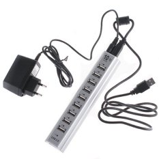 10 Port Hi-Speed USB 2.0 Hub + UK Power Adapter untuk PC Laptop Putih