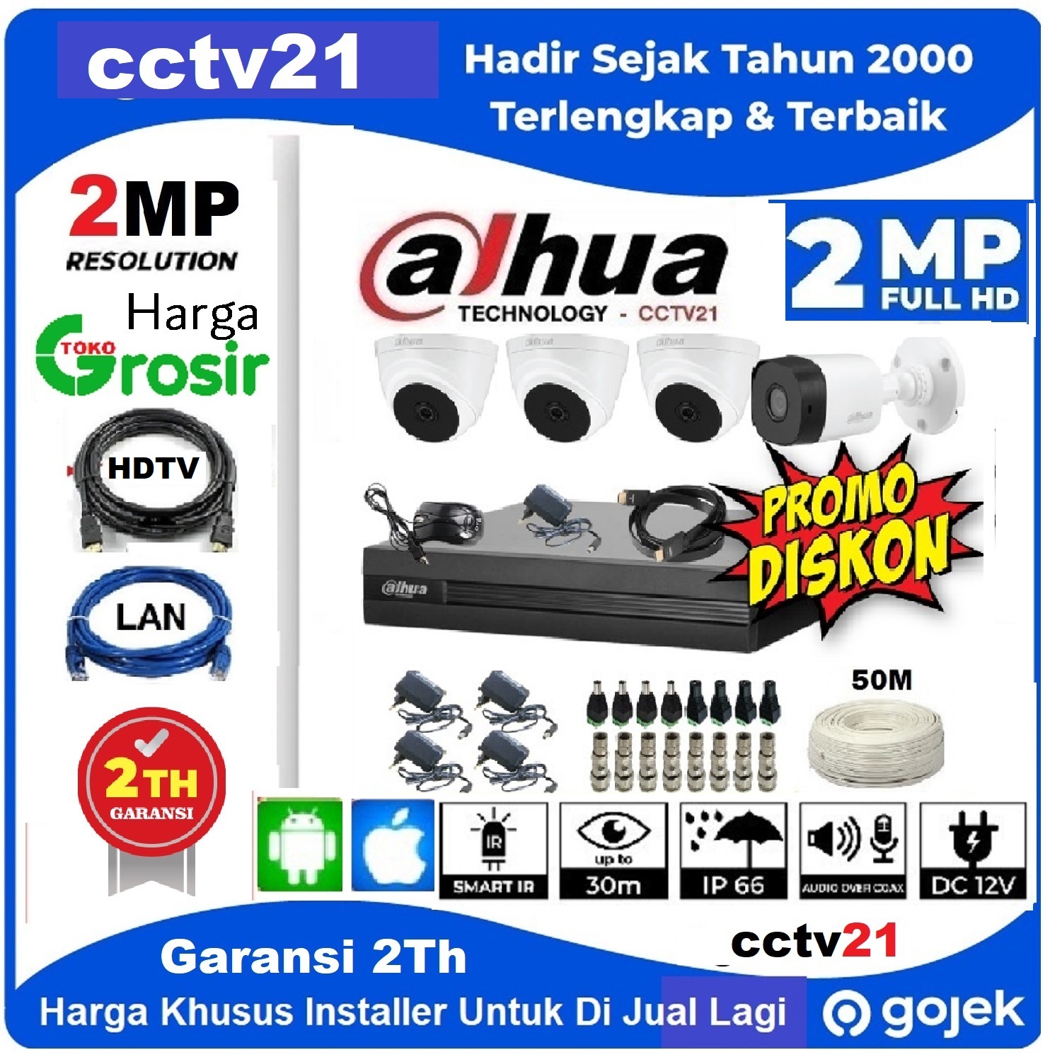 Paket 4 Camera Dahua 2MP 3-indoor+1-Outdoor DVR+Kabel-50M+Kbl-HDMI+Kbl ...