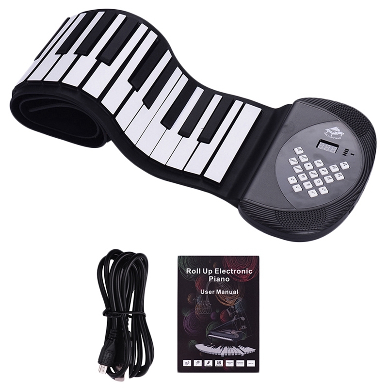 61 Keys MIDI Roll Up Piano Electronic Silicone Keyboard Built-In Stereo Speaker 1200MA Battery Support Record Sustain Functions,Black