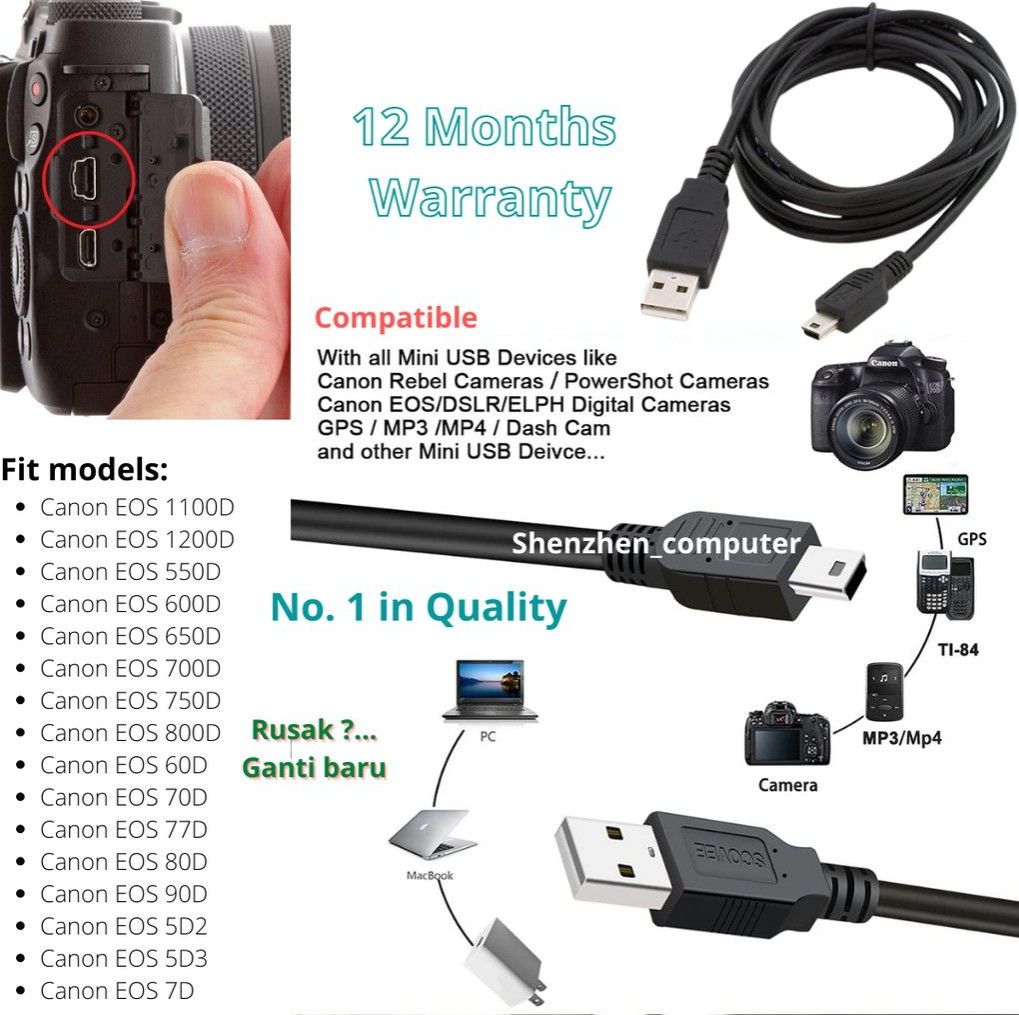 Canon 80d Mini Usb Cable For Canon Camera HIFFIN Black Usb Cable