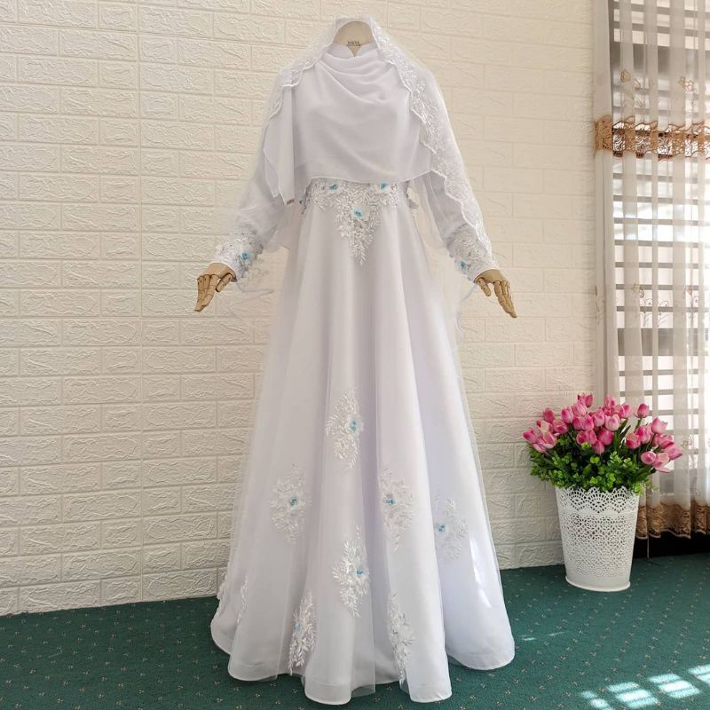 Gaun Pengantin Syari Putih Fullset Hijab Cadar / Gaun Akad Jumbo / Gaun