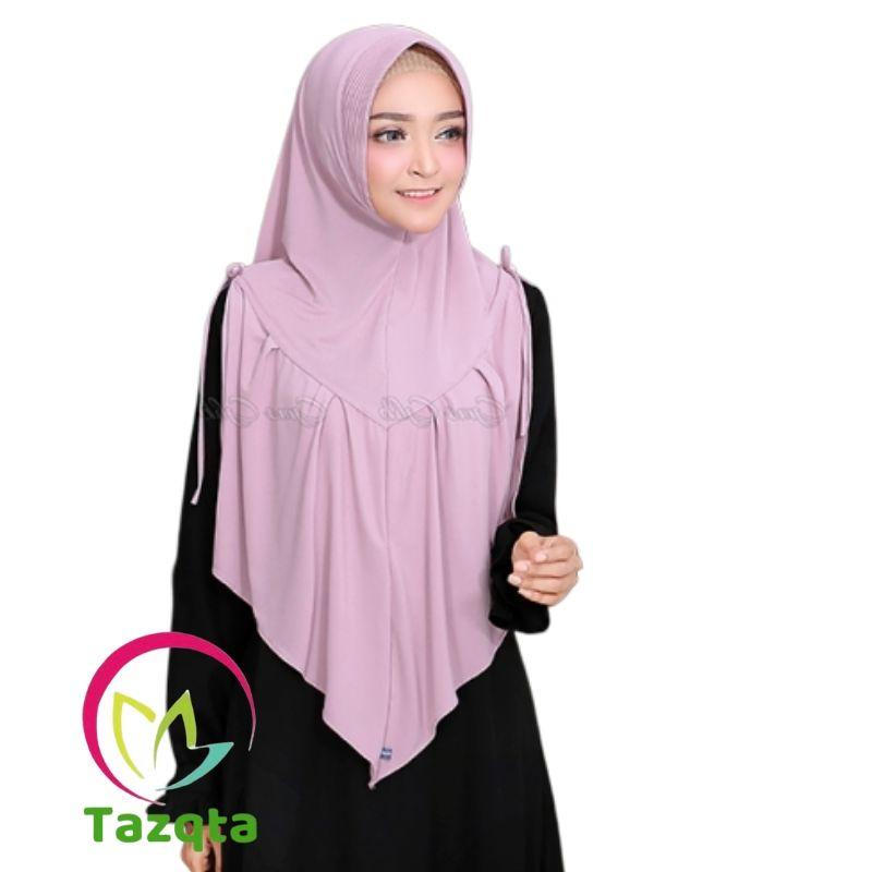 TAZQTA KHIMAR MUTIARA -JILBAB KERUDUNG BERGO HIJAB KHIMAR PET KOMBI 2 TONE YARA INSTAN KOMBINASI RUFFLE REMPEL DEPAN VARIASI TALI SUSUN MUTIARA BAHU KANAN KIRI 2 WARNA SIMPEL PET SYARI