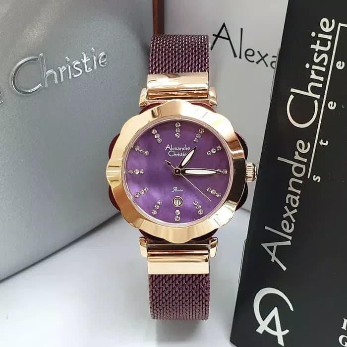 PROMO Jam Tangan Rantai Original Wanita Cewek Perempuan Alexandre Christie Tali Rantai Pasir Stainless Steel Tanggal Aktif Tahan Air Garansi 1 Tahun Terbaru Simple Terbaru Terlaris Termurah Alexandre Christie Original AC 2755 Rose Gold Ungu Tua Murah