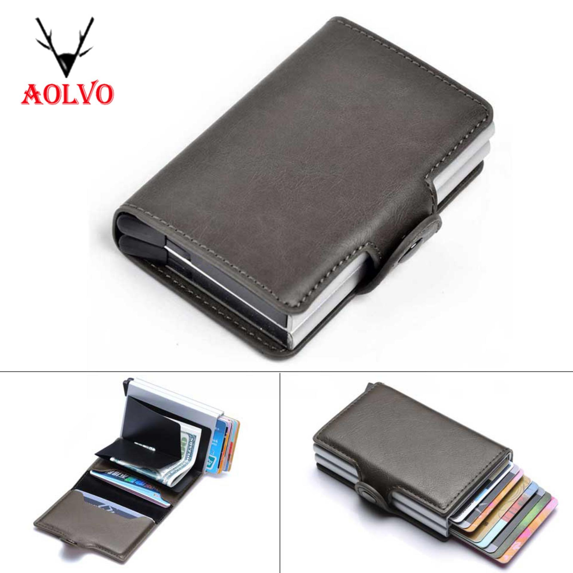Pu Blokir Aluminium RFID Kredit Tempat Kartu Jepitan Uang Muncul Otomatis Slide Depan Dompet Kantong