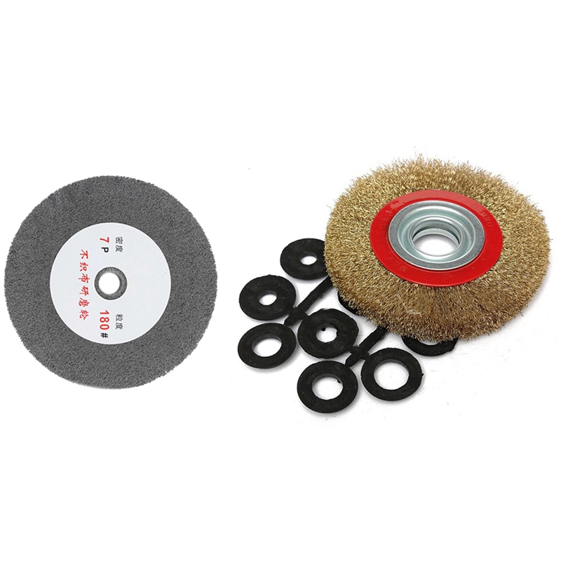1 Pcs 180 Grit Fiber Wheel Polishing Buffing Disc & 1 Set 8 Inch 200mm Steel Flat Wire Wheel Brush with Adaptor Rings