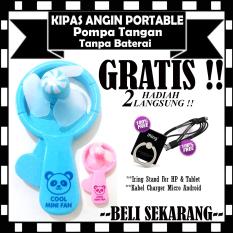 Kipas Angin Portable Pompa Tangan Tanpa Baterai - GRATIS Iring Stand HP & Kabel Charger Micro Android