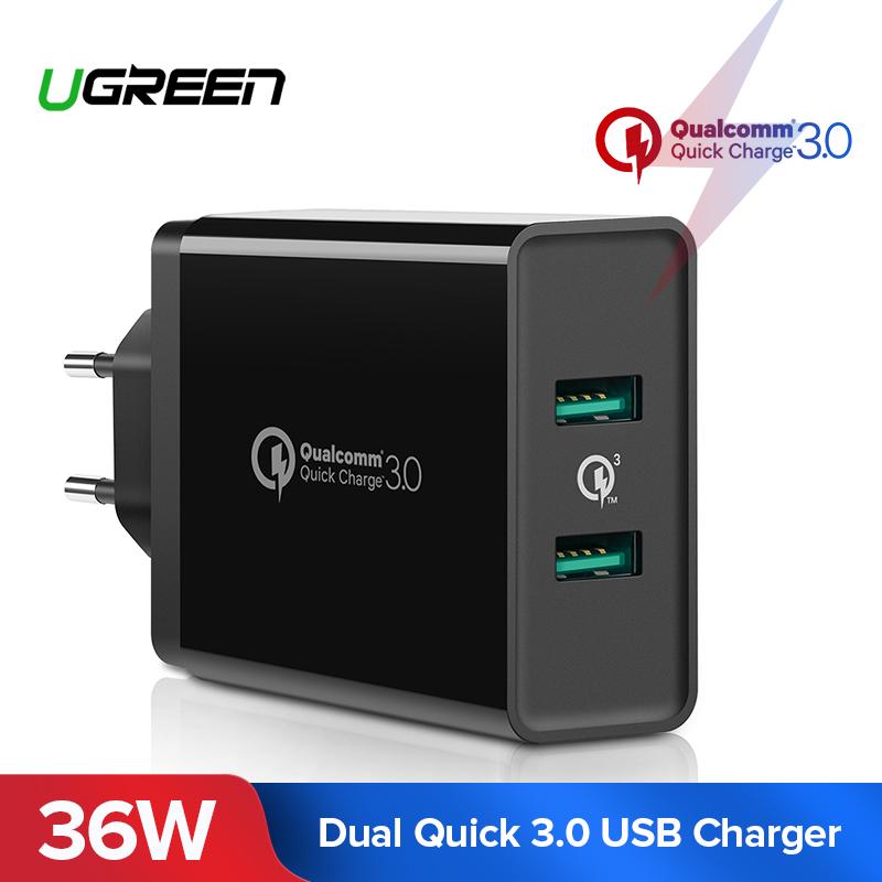 UGREEN Original QC3.0 Charger Dual QC3.0 Ports 36W Quick Charge 3.0 Fast Charger USB Wall Charger for ASUS ZENFONE, Samsung, Xiaomi, Apple iphone, LG, Huawei Handphone Black